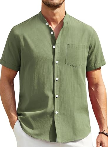Enlision Herr linne skjortor kortärmad farfar krage kraglösa skjortor för män vardag sommar strand Henley skjorta Button Down S-4XL, A-armégrön, L