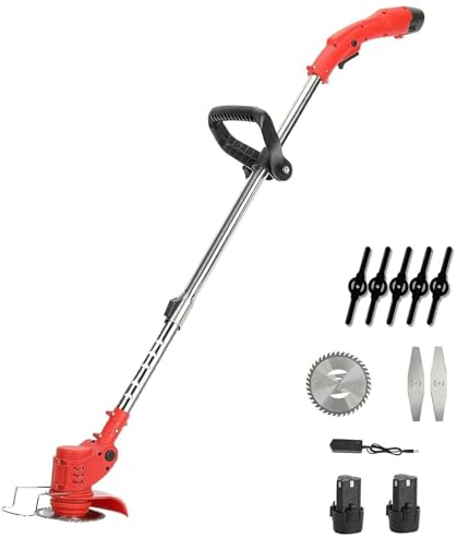 Desbrozadora eléctrica inalámbrica con batería, 12 V Corte Borde inalámbrico Herramientas de jardín motorizado con 3 Tipos de Cuchillas para Corte de jardín, césped y Tierra agrícola (Rojo)