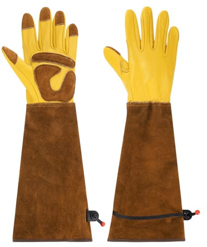 PATIKIL XL Long Gardening Gloves, Cowhide Leather Rose Pruning Garden Gloves Thorn Proof Women Garden Gloves for Women Men Planting Pruning Digging, Yellow/Brown