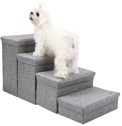 Petyoung Hundetreppe 4 Stufen für Kleine Hunde, Faltbare rutschfeste Haustiertreppe Katzentreppe mit Aufbewahrungsbox für Sofa Bett