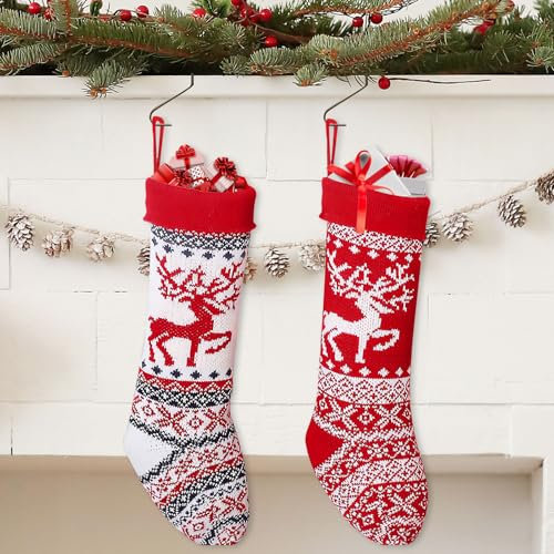 2 Stück Weihnachtsstrumpf, Große Nikolausstiefel Personalisiert, Weihnachtsstrumpf Geschenktüte, Gestrickt Weihnachtsstrumpf zum Befüllen, Weihnachtsbaum Kamin hängende Ornamente, für Weihnachtsdeko