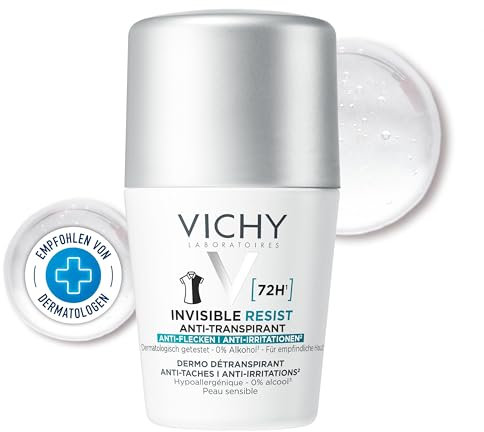 Vichy Invisible Resist Deodorante Roll-On, Unisex, Per Pelli Sensibili, Antitraspirante, Antimacchie, Anti-irritazioni, Ipoallergenico, Durata Fino a 72h, Senza Alcool, 50 ml