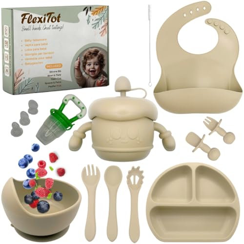 Vajilla Para Bebe de Silicona - Vajilla Niños | Baby Tableware, Blw Utensilios, Plato Ventosa Bebe, Vaso Aprendizaje Bebe 6 Meses Precucharas Bebe, Cucharas Bebe Aprendizaje, Guía Recetas BLW, Beige