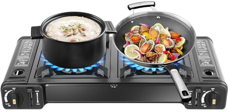 Cuisinière à gaz 2 flammes - Portable - Cuisinière à gaz d'extérieur - Réchaud de camping - En aluminium - Avec poêle à griller pour les pique-niques