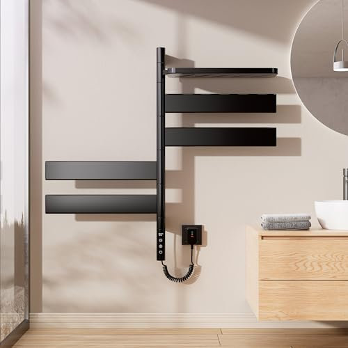Scaldasalviette Elettrico Con Vassoio Superiore,760×450mm,Rotazione di 180°,Con touch screen,Timer e temperatura regolabile scalda asciugamani elettrico,Nero scalda salviette da bagno elettrico