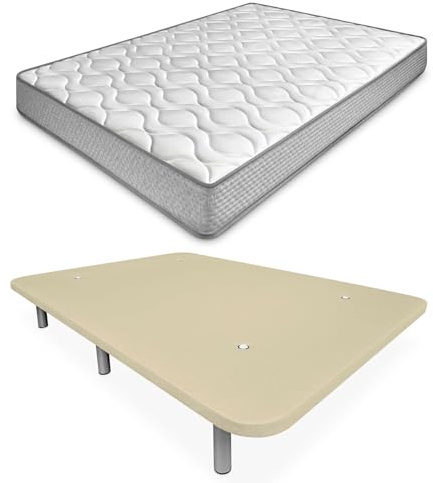 amuéblate Online - Cama Completa con Colchón Carla Reversible + Base Tapizada Extra Reforzada con 6 Patas Cilíndricas Metálicas Roscadas, 135 x 190, Beige