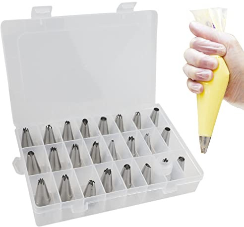 24 Pieces Stainless Steel Seamless Piping Tips Set, Cake Decorating Tips, Professional Large Piping Nozzles for Cupcakes and Baking (1m, 2D, 2F, 4B, 6B, 1A, D66 and 233, 234, 234m)