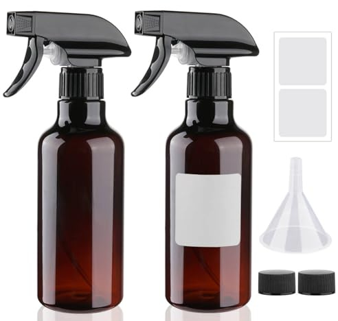 Hethyo Plastic Spray Bottles 12oz 2 Pack Adjustable Mist/Stream Spraying Heavy Duty Square Water Spray Bottles for Hair, Cleaning Solutions, Plants, Cooking，BBQ，Essential Oils, Brown