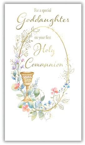 IC&G Special Goddaughter First Holy Communion Congratulations Card for Girls with Floral Wreath and Communion Cup Design with a Foil Finish