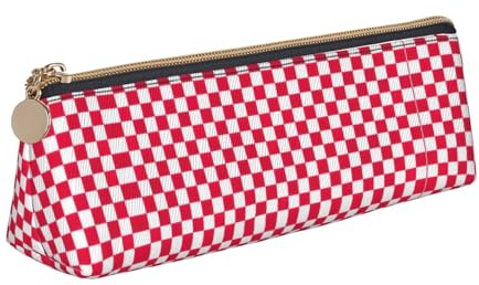Federmäppchen Rot Karierte Weiße Quadrate Leder Federmäppchen Personalisierbar Stifteetui Lederetui, Für Mädchen, Bürobedarf, Teenager
