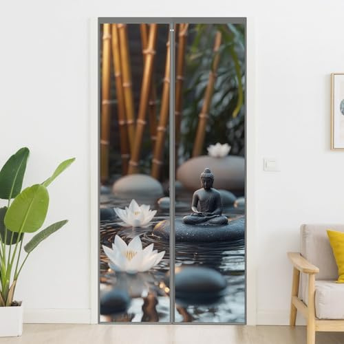 Zen Spa Door Curtain, Lotus Flower Buddha Bamboo Massage Stone Privacy Curtain with Magnets, Waterproof Polyester Fabric for Entry Patio Bedroom – Keeps Bugs Out – 38 x 82 Inch