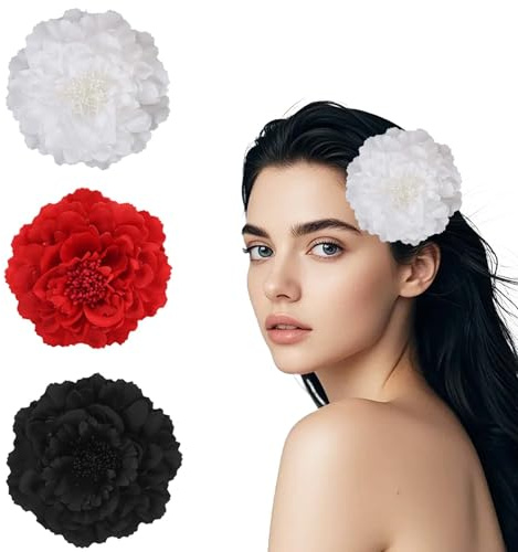 3Pcs Clips de Pelo de Peonía para Flamenca,Flor Roja Flamenca Pelo,Flores Sevillana Pinza Accesorios,Horquillas de Peonía,para Mujer Niña Boda Fiesta Festivales,Rojo,Blanco,Negro