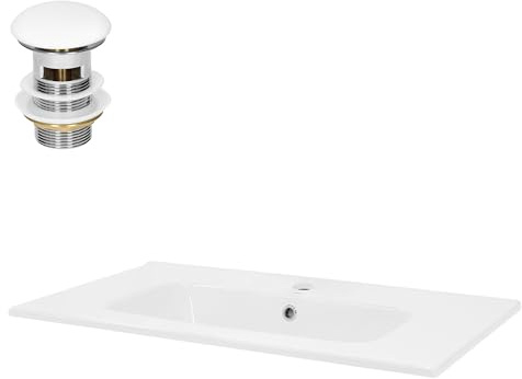 LuxeBath Waschbecken Keramik Weiß 810x460x165 mm eckig mit Ablaufgarnitur Weiß, Einbauwaschbecken mit Hahnloch/Überlauf, Aufsatzwaschbecken Einbauwaschtisch Waschschale Waschplatz Handwaschbecken