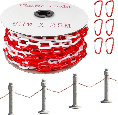 BAIFULAI Cadena de barrera de 25 m, 6 mm, de plástico rojo y blanco, con 6 mosquetones, cadena de advertencia de plástico/plástico, cadena de seguridad para obras, cadena de eslabones para cierre para
