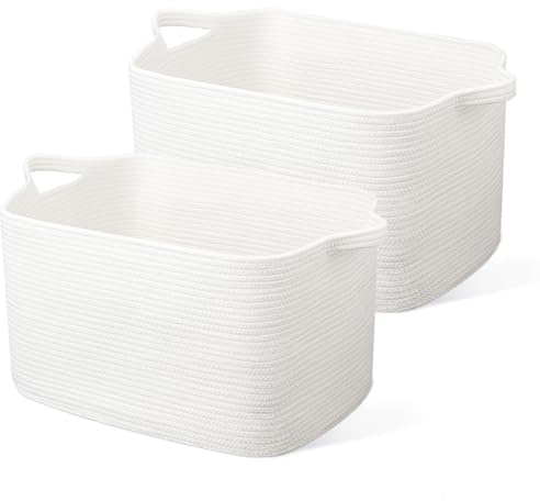 JOJOSEE Faltbarer Wäschekorb, 63L Aufbewahrungskorb Weiß 2 Stück | Geflochten Aufbewahrungskorb mit Henkel, Laundry Baskets aus Baumwolle, Ideal für Decken, Kleidung, Kuscheltier, Spielzeug