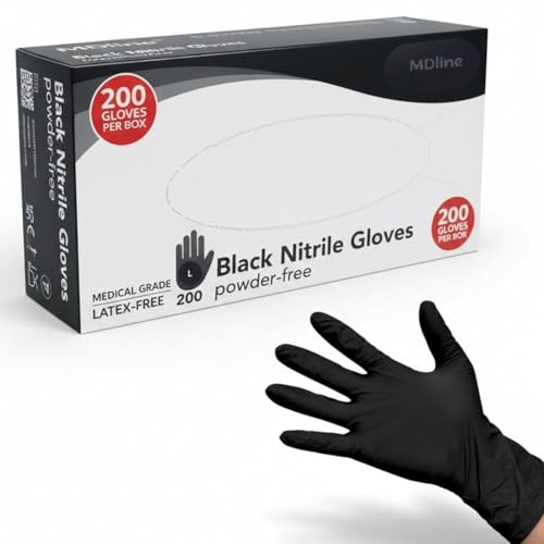 MDline 200 Black Nitrile Disposable Gloves Large (L) | Heavy Duty, Powder Free, Latex Free | for Mechanic, Tattoo & Food
