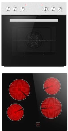PKM Kit de cuisinière encastrable EHS4IX - Classe d'efficacité énergétique A - Plaque de cuisson vitrocéramique 59 cm - 65 litres - Couvercle en acier inoxydable - 5 fonctions de four