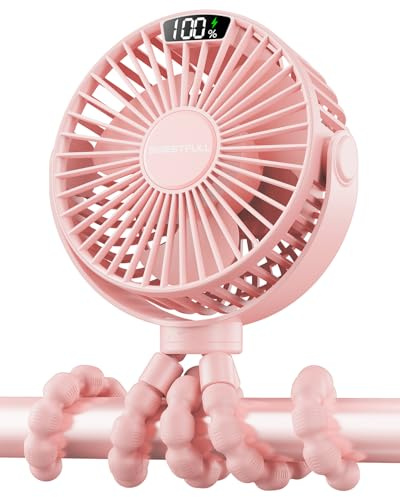 SWEETFULL Portable Pram Fan, LED Display 4000mAh Rechargeable Battery Stroller Fan, 4-Speed Cooling For Pushchair, Car Seat, Crib, Buggy, Travel Essentials (Pink)