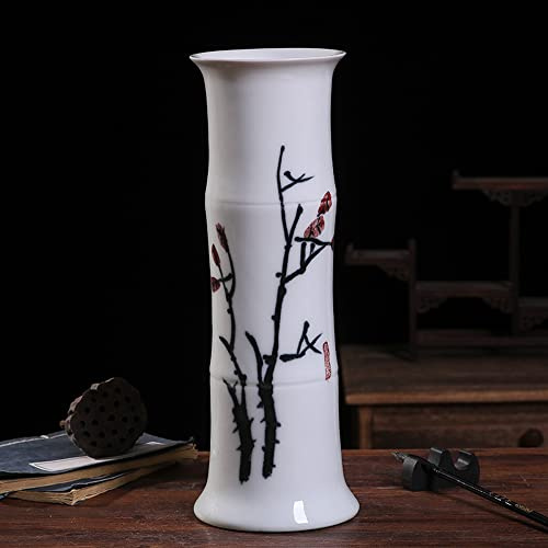 WDSOPK Jarrón De Cerámica De Bambú Rico Pintado A Mano De Jingdezhen,Arreglo Floral Hidropónico De Tubo Recto para Sala De Estar.(Mi)