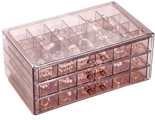 Qtuie Schmuckaufbewahrung Transparent Acryl Schmuckkästchen mit 3 Schubladen Schmuckkästchen Schmuck Ohrringe Ringe Halsketten Aufbewahrungsboxen Sortierboxen für Kleinteile (Tee durchdringen)