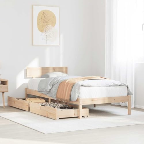 Kaloriko Massivholzbett Kiefernholz 90x200 cm, Einzelbett mit Lattenrost, 2 Schubladen, Naturholz-Bettgestell für Schlafzimmer, robust und langlebig