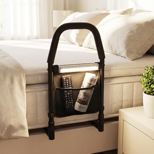 COSTWAY Aufstehhilfe Bett, Bettgitter mit LED-Sensorlicht, Tasche, Befestigungsgurt & rutschfestem Handgriff, Bettgriff bis 136 kg, Schutzgeländer für Senioren Schwangere, Schwarz