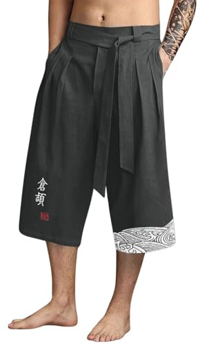 Pantalon Japonais Homme Baggy Grande Taille Pantacourt Kimonos Vêtements | 3/4 Pantalon en Lin avec Cordon de Serrage Coupe Droite et Large Japonais Vêtements Traditionnels Hakama Harajuku Streetwear
