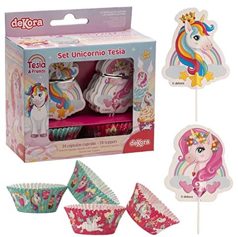 Dekora - Backformen Set | Muffin und Cupcake Formen Papier mit Cake Topper - 24 Backförmchen + 24 Toppers - Einhorn