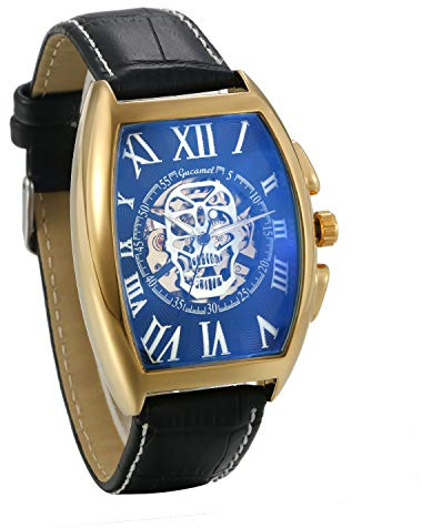 JewelryWe Herrklocka analog automatisk klocka automatisk mekaniskt läderband dödskalle skelett armbandsur automatisk klocka med rektangulära romerska siffror urtavla, Guld, Juldagen, födelsedag
