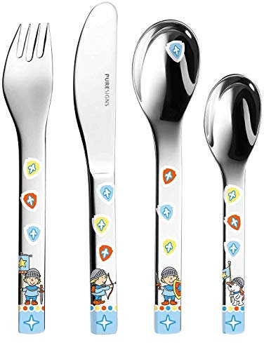 PURESIGNS ONE MIKO Kleine Ritter Besteck Kinderbesteck SET mit Gravur 4-tlg Gravurbesteck mit Name graviert Geschenk zur Geburt Taufe Geburtstag