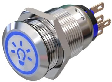 Metzler Flacher LED Druckschalter - mit Licht Symbol - Durchmesser Ø 19 mm - aus V2A Edelstahl - staub- und wasserdicht - 230 V - AC/DC - witterungsbeständig und langlebig - Blau