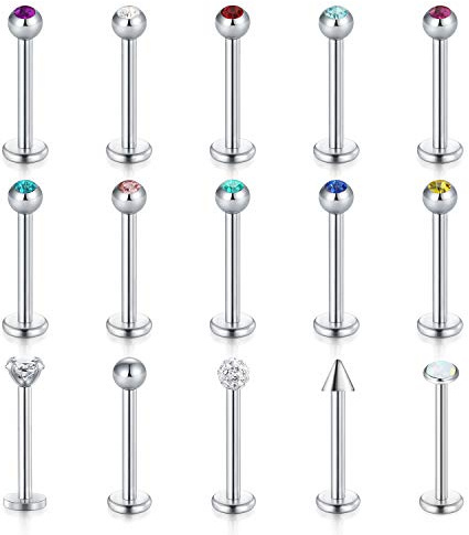 FECTAS 15stk Lippenpiercing Stecker Silber Edelstahl Labret Monroe Helix Tragus Helix Piercing Stecker 6/8/10mm mit Stein