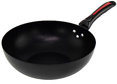 SQ Professional Ultimate Carbon Steel Wok - Non Stick Deep Stir Fry Pan for Induction Gas- Electric - Halogen - Ceramic & Induction Hobs - Frying Pans - Saute Pan - (28cm)