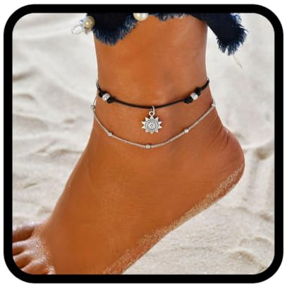 Zoestar Doppel-Fußkettchen im Bohemian-Stil, silberfarben, mit Sonnenblume, Perlenarmband für Damen und Mädchen