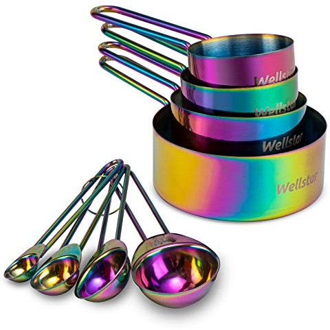 WELLSTAR Messbecher und Löffel Set, 4 Measuring Cups &4 Messlöffel, mit Edelstahl Griff für Küche Kochen Backen, 8er-Set, Messlöffel Set für Trockene und Flüssige Zutaten