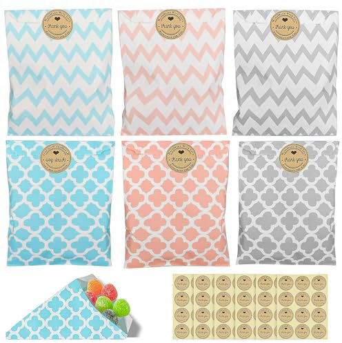 60 Stück Candy-Bar Tüten, Butterbrottüten Süßigkeiten Tüten Papier Papiertüten Geschenktüten Papier mit 60 Etikett für Ostern Hochzeit Geburtstag Feier Parteien 6 Designs