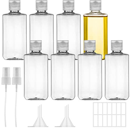 Ysimple 8 Pièces Flacons Vide de Voyage, Bouteille Contenant Plastique 100ml, Vides Petit Flacon Transparent, Ensemble Flacon Spray Vide Avec Arroseur, Entonnoir, Étiquette pour Les Voyages en Avion