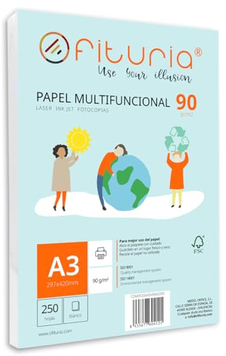 Packung mit 250 weißen DIN A3 Blättern, 90g Druckerpapier. Multifunktionales Kopierpapier für Schule und Büro. Ideal für Laserdrucker, Tintenstrahldrucker oder Kopierer – Ofituria