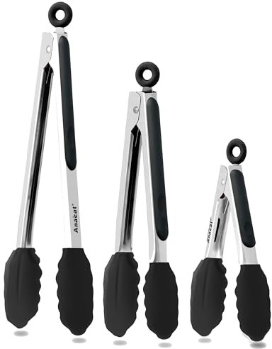 Anaeat Nicht -Stick -Silikonverriegelungsgong von 3 - Edelstahlküchen Lebensmittelzange mit rutschfesten Silikonspitzen und Griff zum Kochen, Backen und Grill - hitzebeständig bis zu 480 ° F (Schwarz)