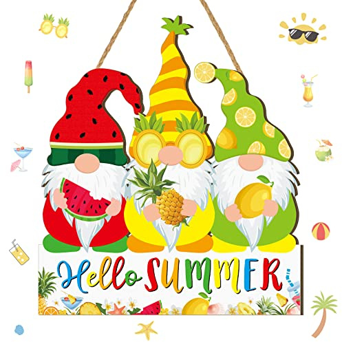Wesiti Türschild mit Aufschrift Hello Summer für den Sommer, Willkommensdekoration, Hawaii-Zwerge, Holzschild, rustikal, bunt, Früchte, Zwerg, Hängeschild, Türhänger für den Außenbereich, Veranda