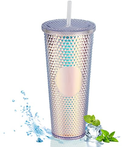WMLBK Nieten Becher mit Deckel und Strohhalm,710ml Strohbecher Doppelwandige Kaltbecher Wiederverwendbar Plastik Trinkbecher für Saft Kaffee Home Office Wiederverwendbar(Silber)