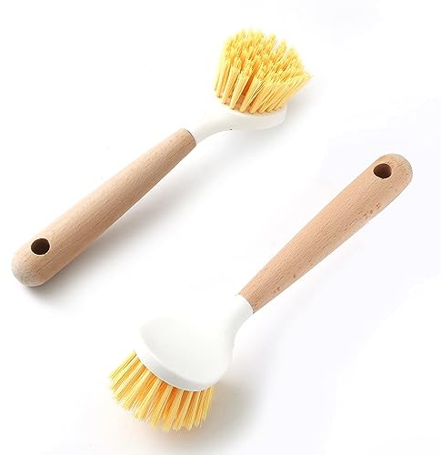Kagyuan 2 Pack Kitchen Dish Brushes with Wooden Handle Built-in Scraper,Scrub Brush for Pans, Pots, Sink Cleaning, Dish Washing and Cleaning Brushes,Kitchen Counter Cleaning Tools (White)