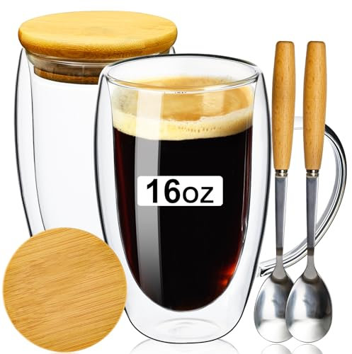 ParaCity Juego de 2 tazas de capuchino de 470 ml, vasos para latte macchiato con cuchara y tapa, vasos de doble pared, tazas de café de vidrio de borosilicato, vasos de café para lavavajillas