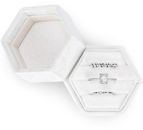 WantGor Vintage Samt Schmuck Ring Box, 3 Slots Sechseck Ring Geschenk Box Display Case für Hochzeit Zeremonie Verlobung (Weiß)