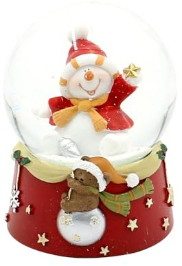 ***Schneekugel - Fröhlicher Schneemann - auf rotem Sockel mit Teddybären, L/B/H/Ø Kugel 6,5 x 7 x 9 cm Ø 6,5 cm