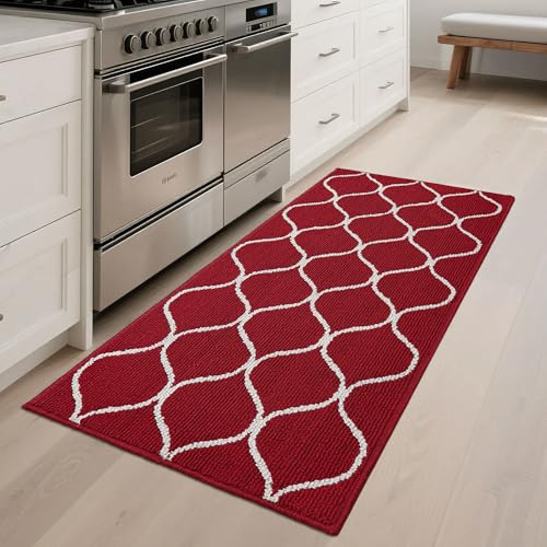 COSY HOMEER Küchenteppich rutschfest, 60 x 120 cm Küchenläufer Waschbar, Schmutzabweisend Läufer Küche Maschinenwaschbar für Küche, Waschküche, Eingang, Flur, Weinrot