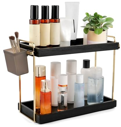WILLKOMMEN Organizzatore da Bagno a 2 Ripiani, Scaffale di Stoccaggio Della Cucina, Ripiani Bagno Cucina Salvaspazio,Ripiani per la Cura Della Pelle con Cestino con Ganci - Nero