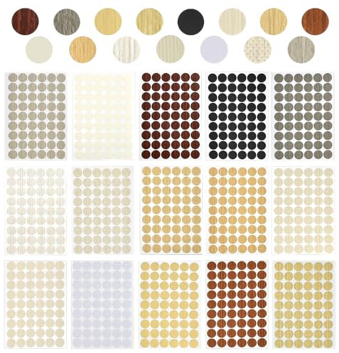 DECARETA 810 Pezzi Copriviti Adesivi 15 Fogli Viti Adesive per Mobili Autoadesiva Vite Copertura Adesivi con Effetto Legno per Armadi Guardaroba Armadietti Scrivania Decorazione, 15 Colori