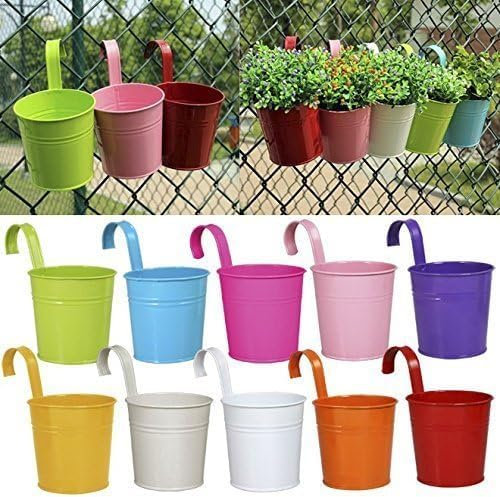 Wensmy 10Pcs Metal Iron Flower Pot Vase Hanging Balcony Fence Planters with Hooks Garden Hanging Flower Holder with Drainage Hole for Railing Fence Balcony (10Pcs Multiple colored)
