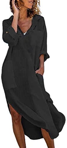 DeaAmyGline Leinenkleid Damen Sommer Hemdkleid Lang Sommerkleid Leicht und Luftig mit Taschen Einfarbig Knopfleiste Lange Hemdblusenkleid Kaftan Baggy Cover Up Strandkleid Blusenkleid für Frauen